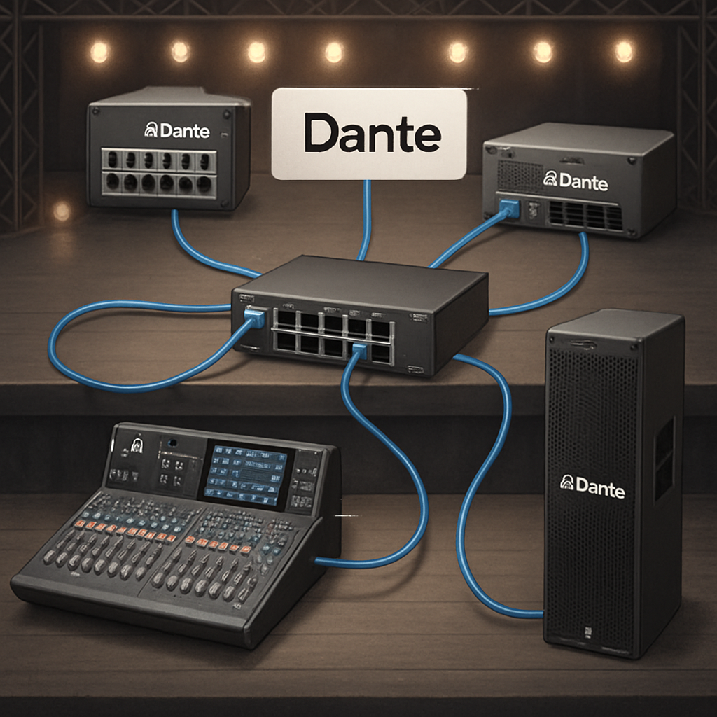 A high‑resolution illustration of a Dante network topology on a concert stage, showing a central switch, multiple Dante‑enabled devices, and cable routes. Alt: Diagramme d'architecture Dante pour le live, switch central, câbles Ethernet, appareils audio.