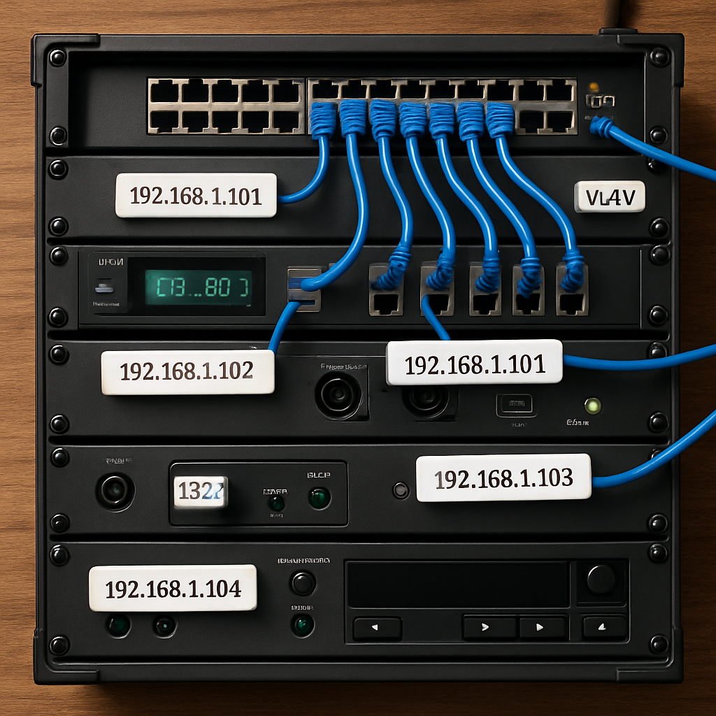 A high‑resolution top‑down view of a live‑sound rack with Ethernet cables labeled, showing static IP addresses on each Dante‑enabled device. Alt: diagram of Dante audio network with static IP plan and VLAN isolation for live events.
