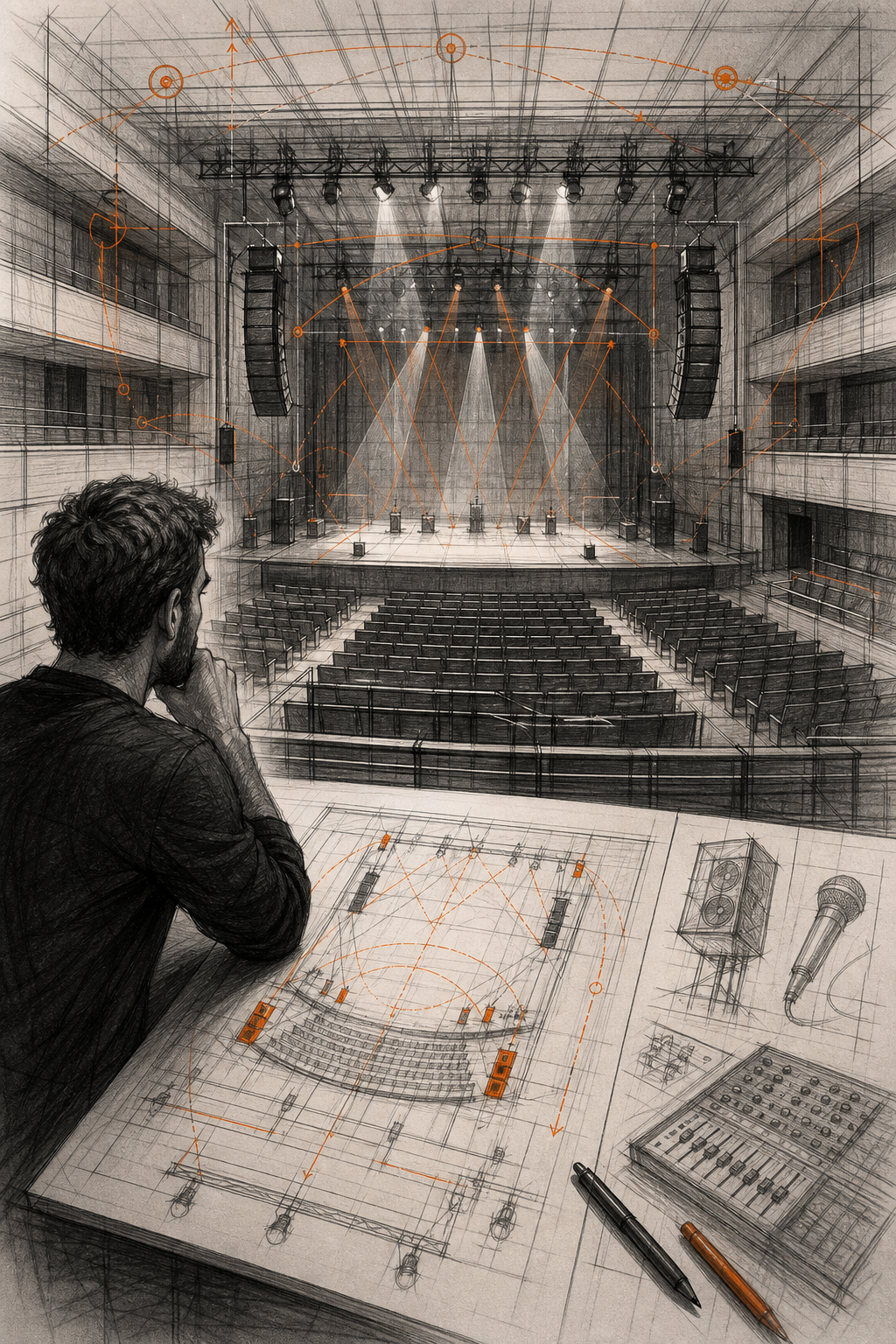 Guide : Solution de repérage technique 360 pour salle de spectacle 1 Un régisseur technique examine une vue panoramique d'une salle de concert vide, avec des croquis d'éclairage et de son superposés. Style : croquis. Alt : Évaluation des besoins techniques d'une salle de spectacle pour un repérage 360°.