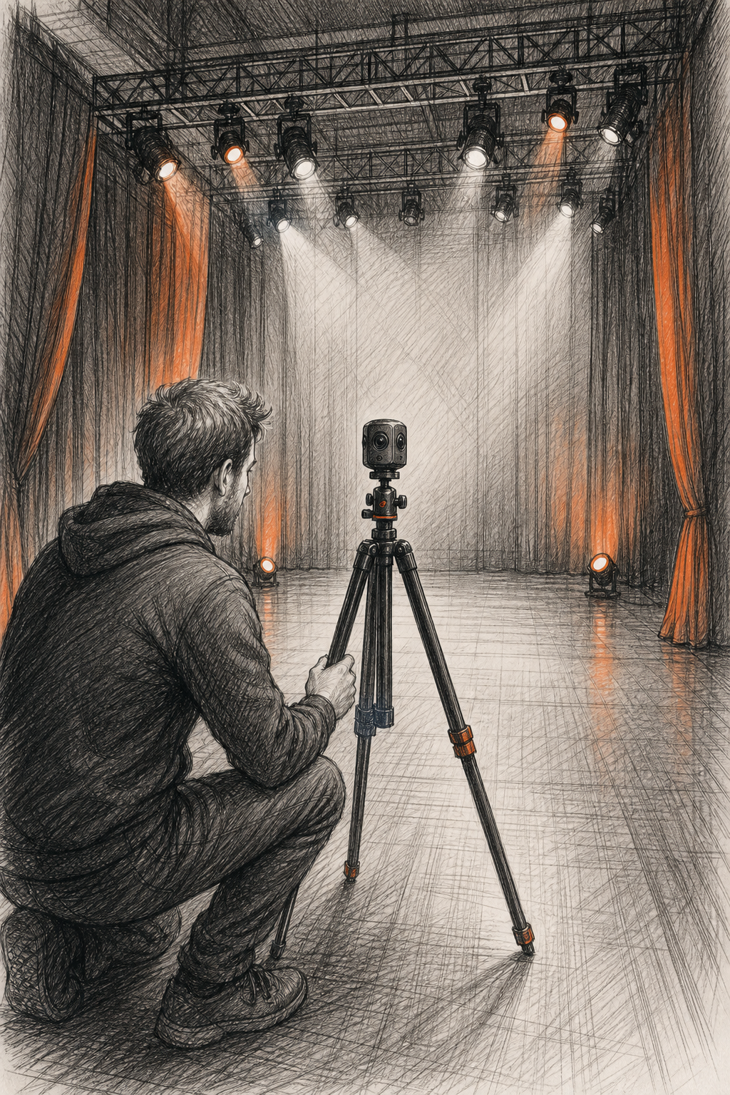 Guide : Solution de repérage technique 360 pour salle de spectacle 2 Un photographe utilise un appareil photo 360 sur un trépied au centre d'une scène vide, entouré de projecteurs et de rideaux. Style : croquis. Alt : Capture de photos 360° pour un repérage technique de salle de spectacle.