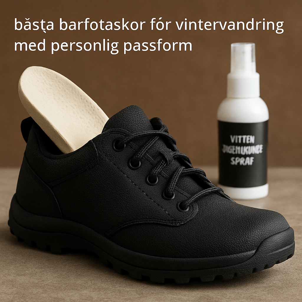 En närbild av en barfotasko med bred tåbox, extra innersula och vattenavstötande spray i bakgrunden. Alt: Bästa barfotaskor för vintervandring med personlig passform.
