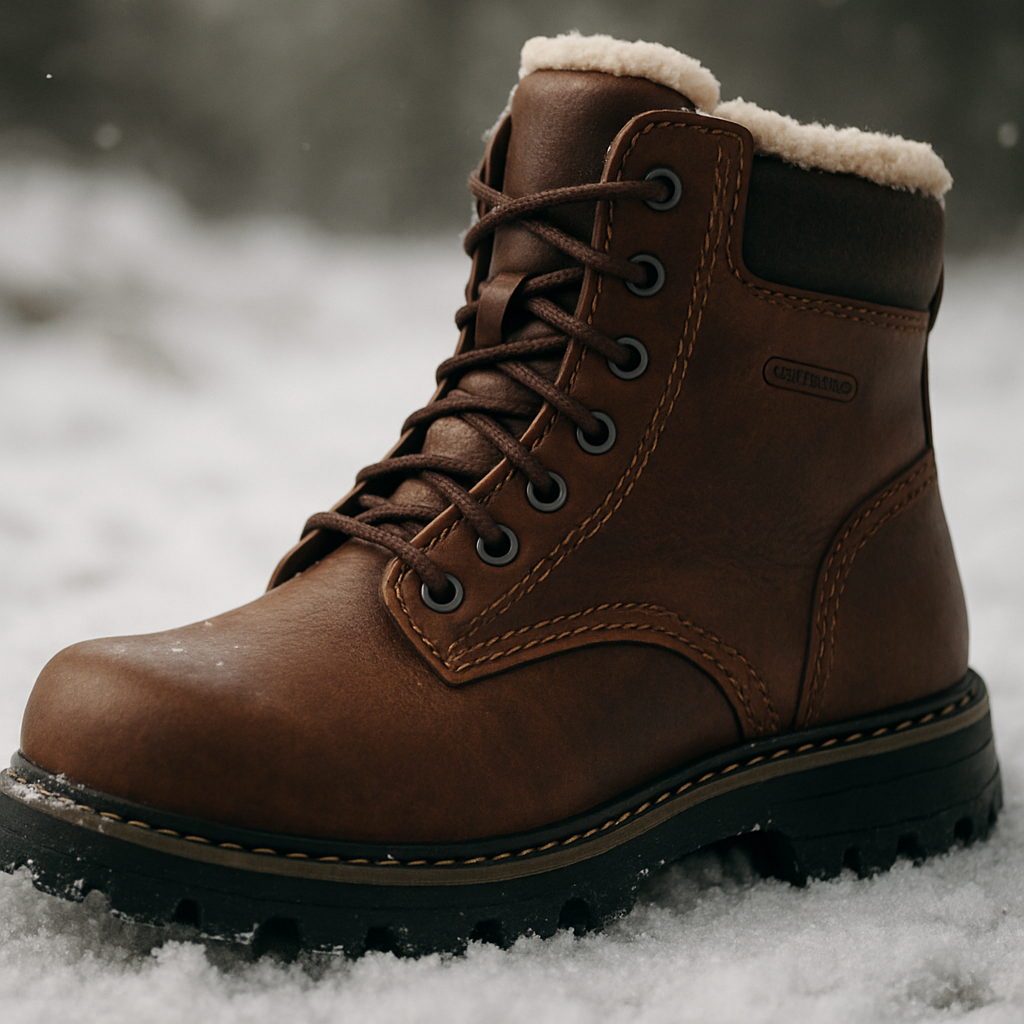 En närbild av en robust vinterkänga i läder med vattentätt membran, stående på snö. Alt: varma vinterkängor herr med högkvalitativt läder och isolering.