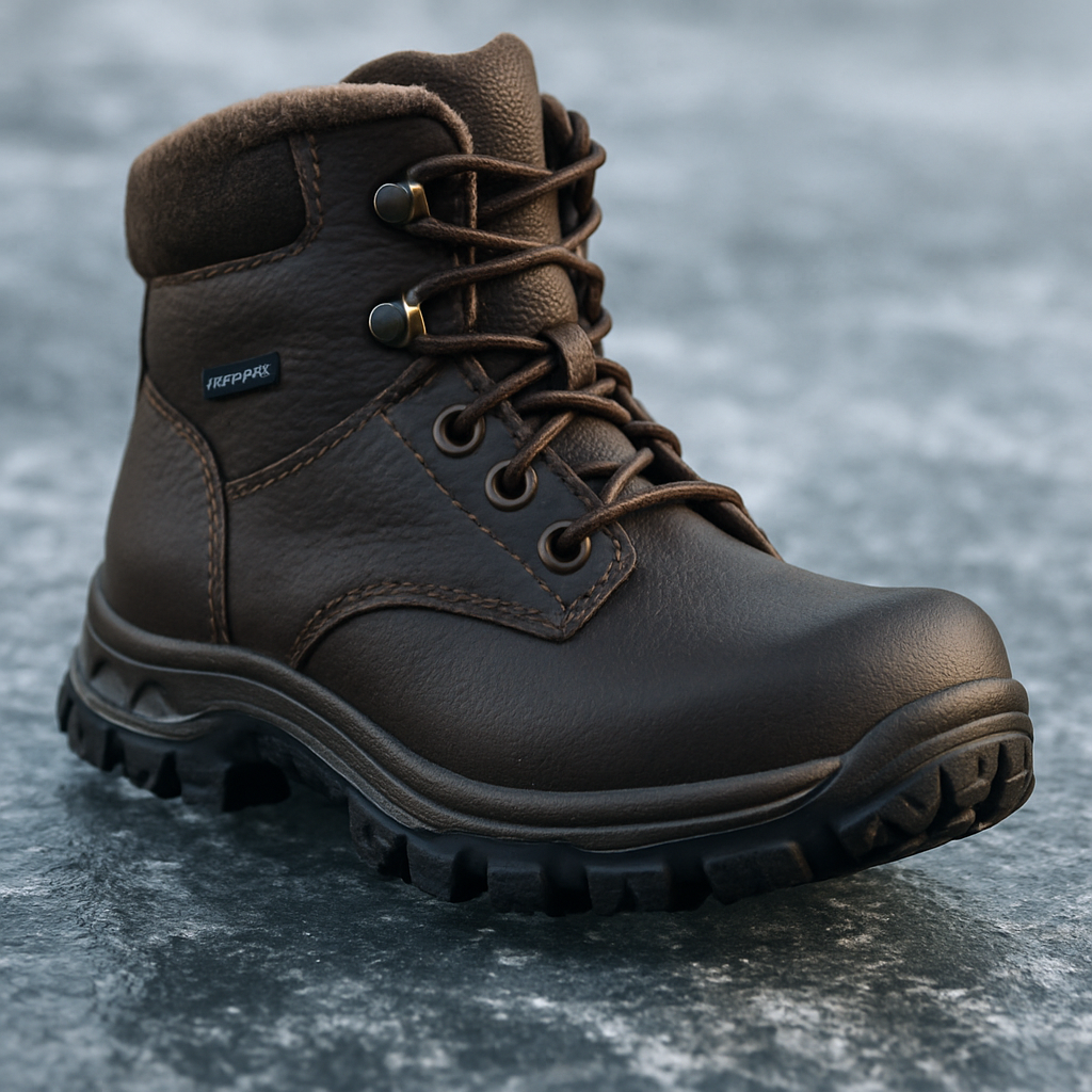 En närbild på en robust vinterkänga med tydligt mönstrad gummisula, stående på isig yta. Alt: varma vinterkängor herr med bra grepp och vattentätt membran.