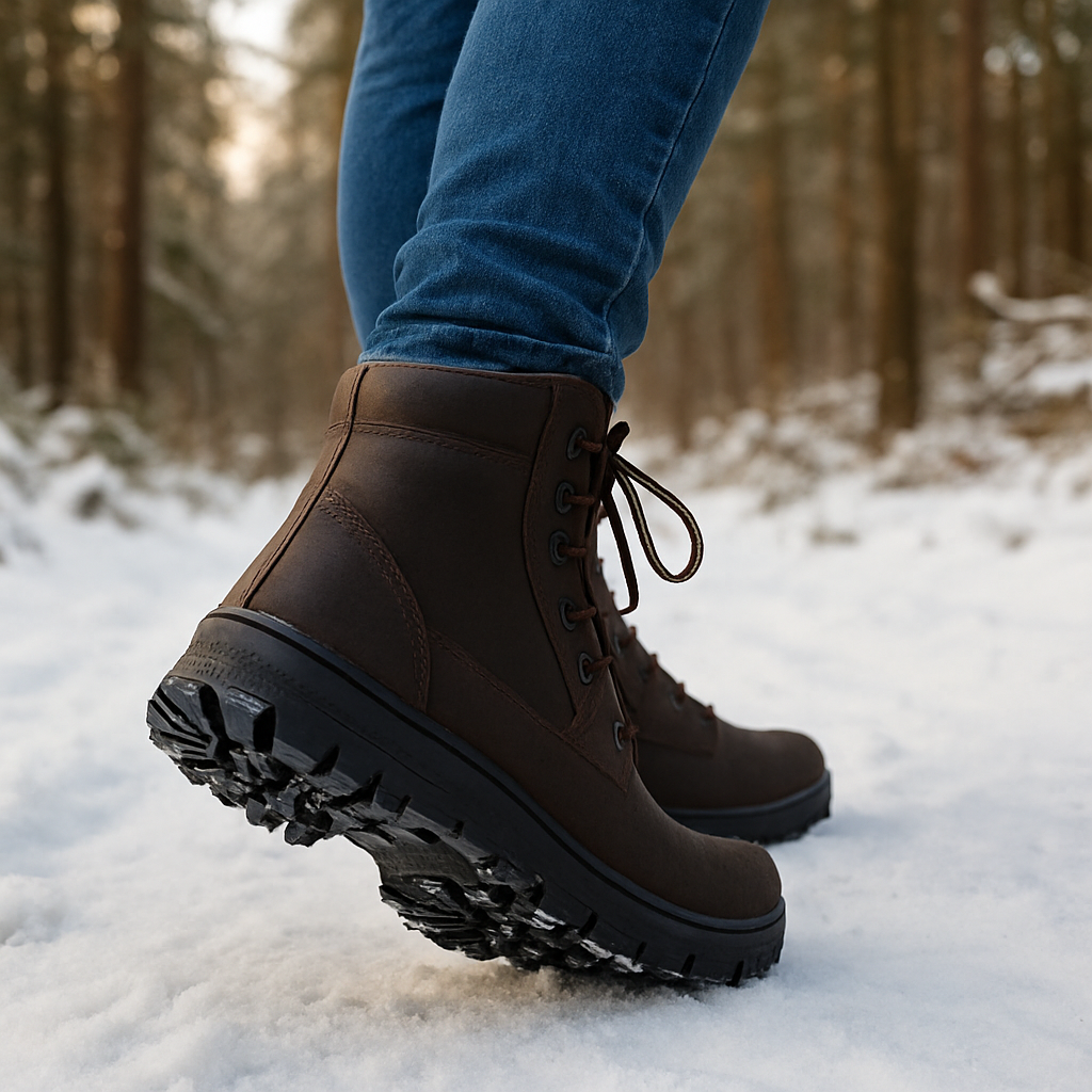 En kvinna i vinterkängor dam står på en snötäckt skogsstig, med tydlig syn på sulans greppmönster och en varm, naturlig bakgrund. Alt: vinterkängor dam med bra grepp och vattentäthet i snöig natur.