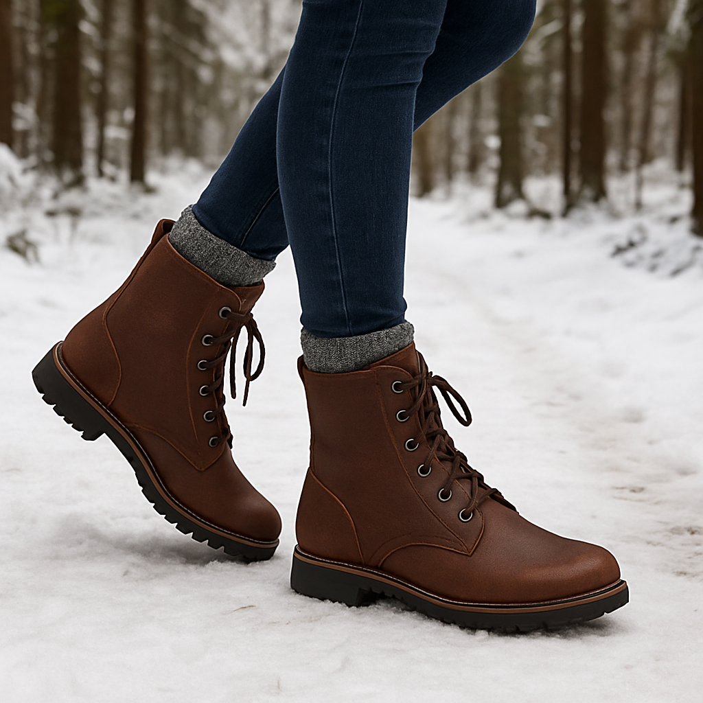 En kvinna i vinterkängor dam på en snötäckt skogsstig, med fokus på både kängans stilrena lädersula och passformen kring foten. Alt: vinterkängor dam stil och passform för olika aktiviteter