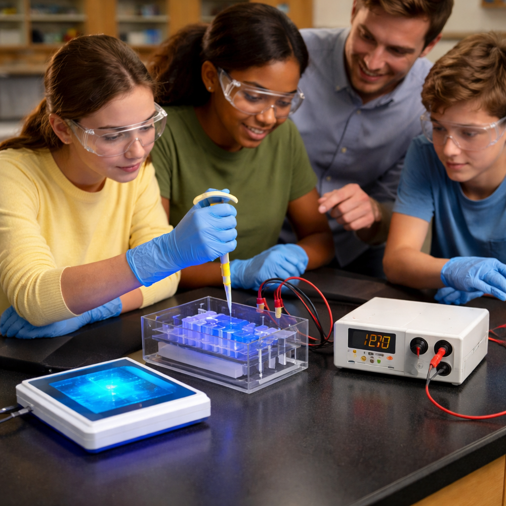 A photorealistic classroom bench showing a compact acrylic electrophoresis tank, a small LED blue‑light transilluminator, and a low‑voltage power supply neatly arranged, with a high‑school teacher guiding students as they load agarose gels. Alt: budget friendly gel electrophoresis system for classrooms in a realistic school lab setting.