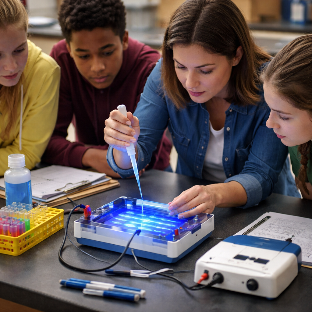 A photorealistic classroom bench with a low‑cost gel electrophoresis setup, showing a teacher loading a sample into a gel well while students watch the blue‑light transilluminator illuminate clear DNA bands. Alt: budget friendly gel electrophoresis system for classrooms