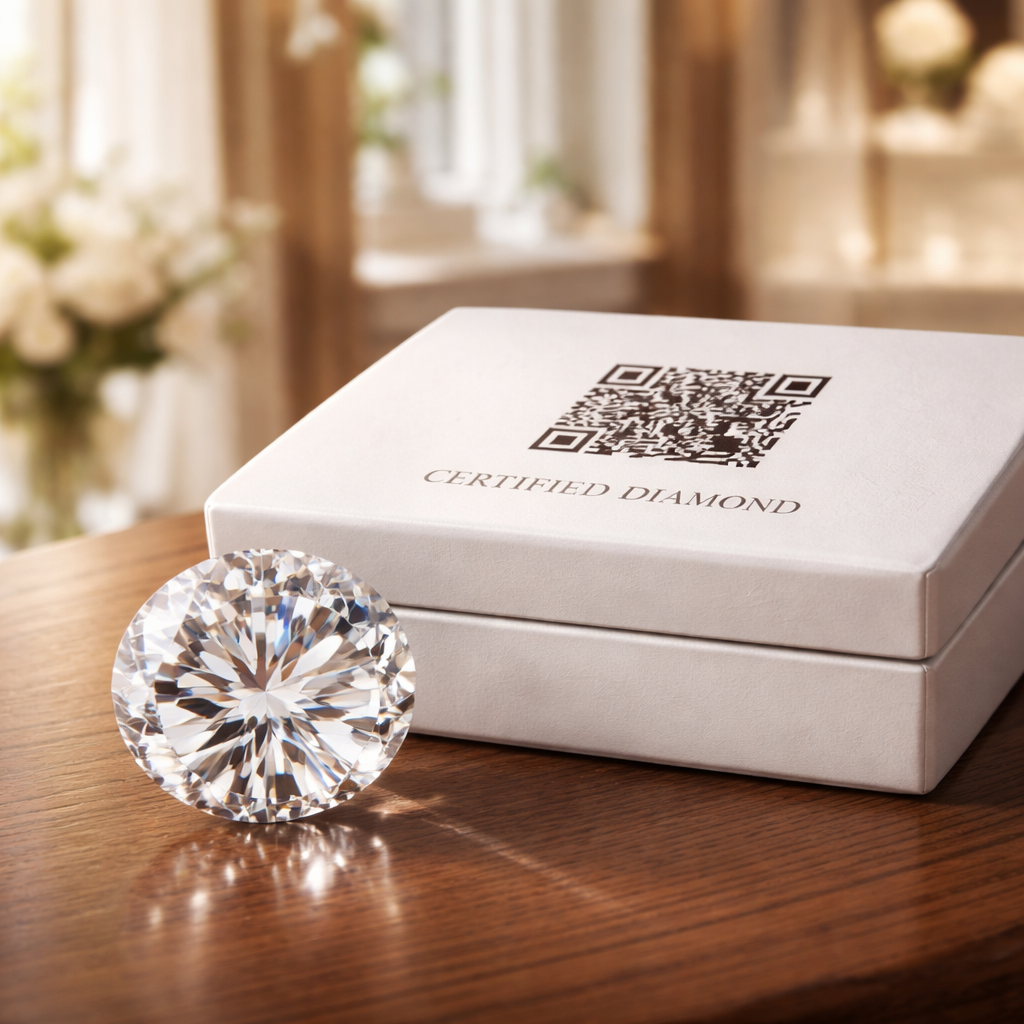 A photorealistic close‑up of a certified diamond beside a QR code on a sleek white box, soft natural light highlighting the diamond’s facets, set on a wooden table in a Swiss boutique, appealing to women seeking ethical jewellery.