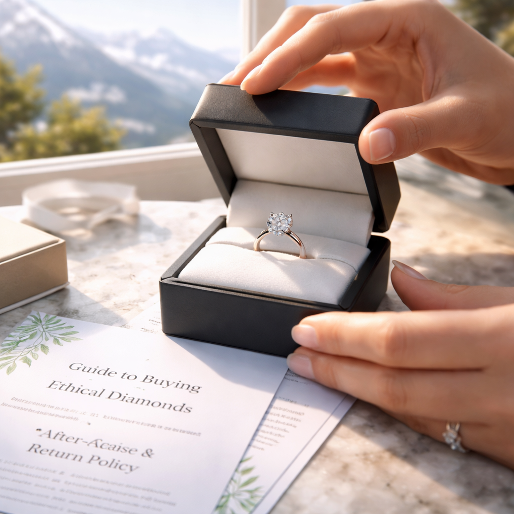 A photorealistic close‑up of a woman opening a sleek jewellery box, pulling out a sparkling diamond engagement ring on a soft white cushion, with a gentle reflection of Swiss Alpine light, highlighting the care and return policy documents beside it. Alt: guide to buying ethical diamonds after‑care and return policy.