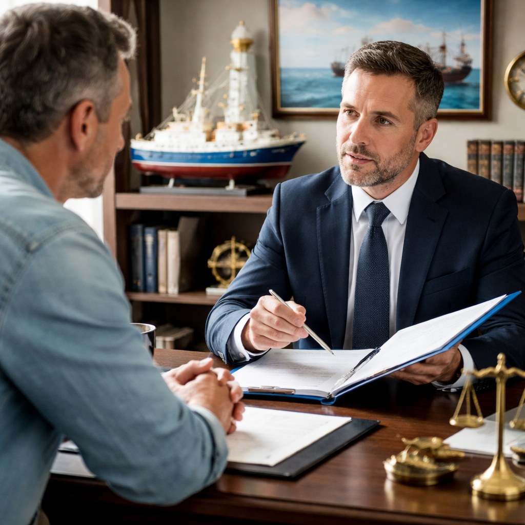 A photorealistic image of a client sitting across a desk from a maritime lawyer, discussing a case file, alt: maritime attorney consultation