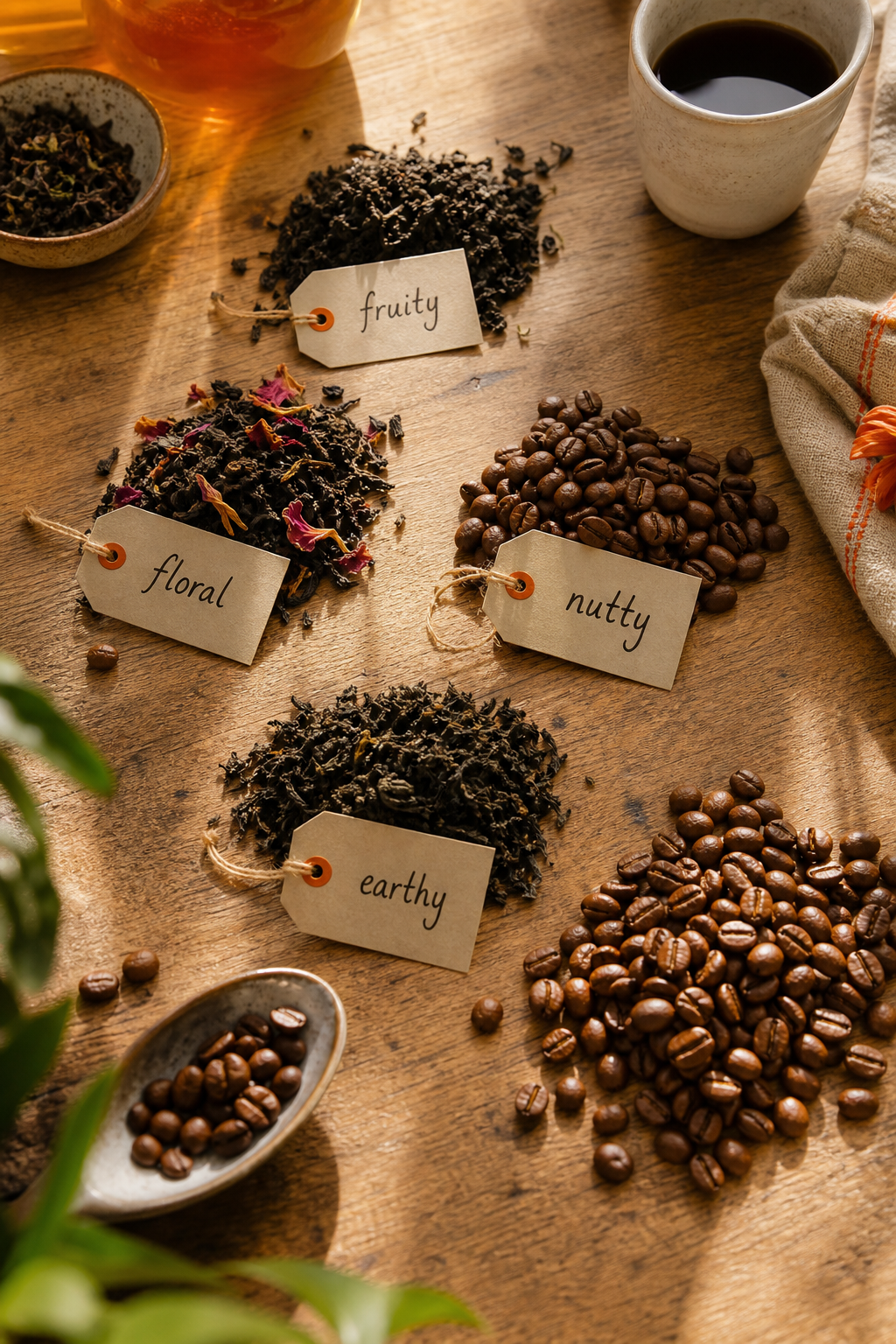 A photorealistic overhead view of coffee beans and tea leaves arranged in separate piles on a light wooden table, with small labels like 'fruity', 'floral', 'nutty', 'earthy' written on paper tags. The scene is warmly lit with natural sunlight filtering through a window. Alt: Coffee beans and tea leaves with flavor family labels.