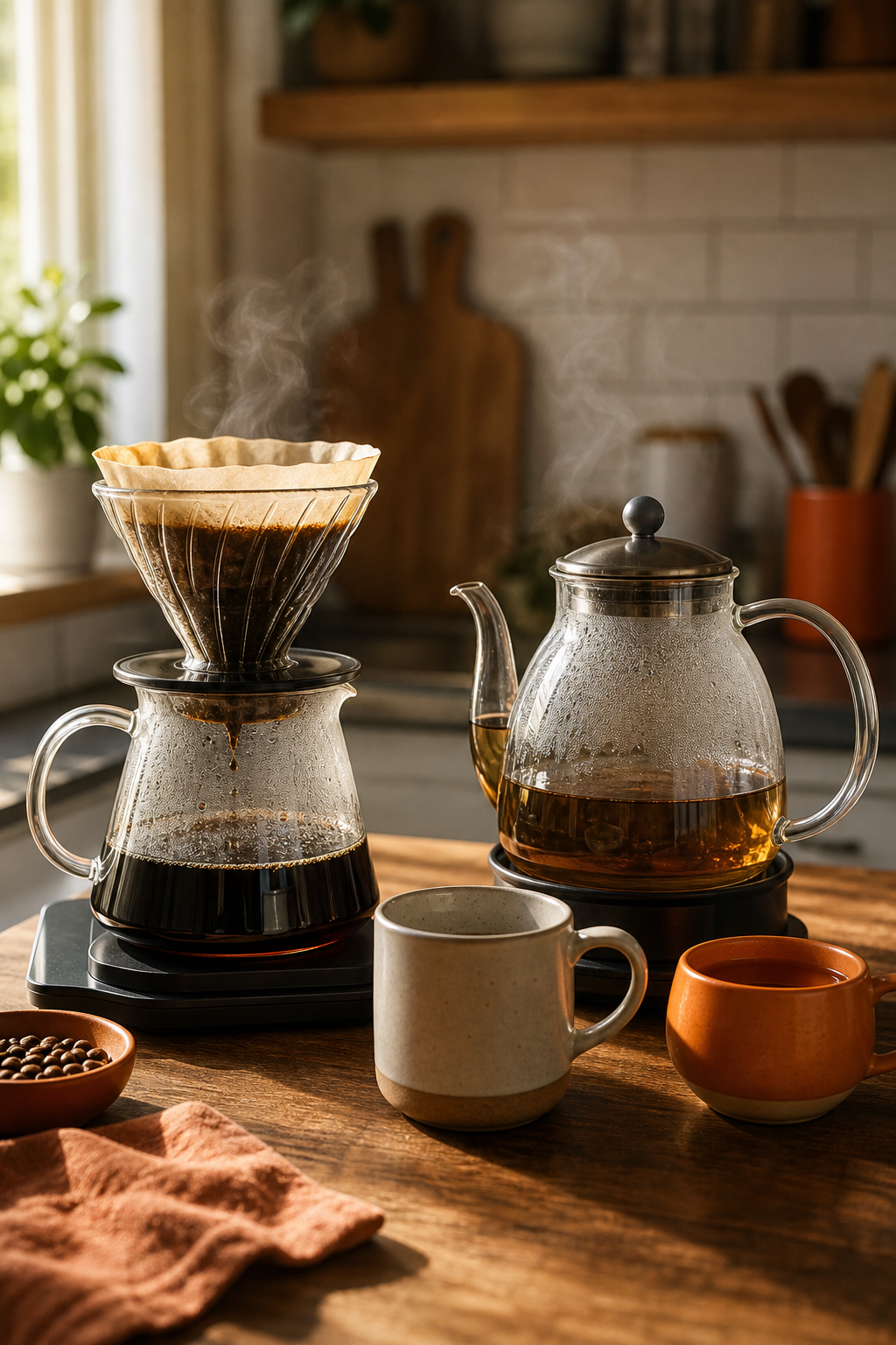 A realistic side-by-side setup of a pour-over coffee brewer and a teapot with steaming water, both on a wooden countertop. The scene shows a kitchen with warm morning light, a coffee mug and tea cup placed together. Alt: Pour-over coffee and tea brewing equipment on a kitchen counter.