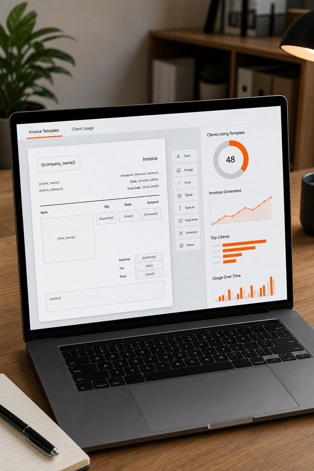 A realistic dashboard view showing Donely’s invoice template editor with placeholders and client usage charts. Alt: centralized billing invoice template setup in Donely