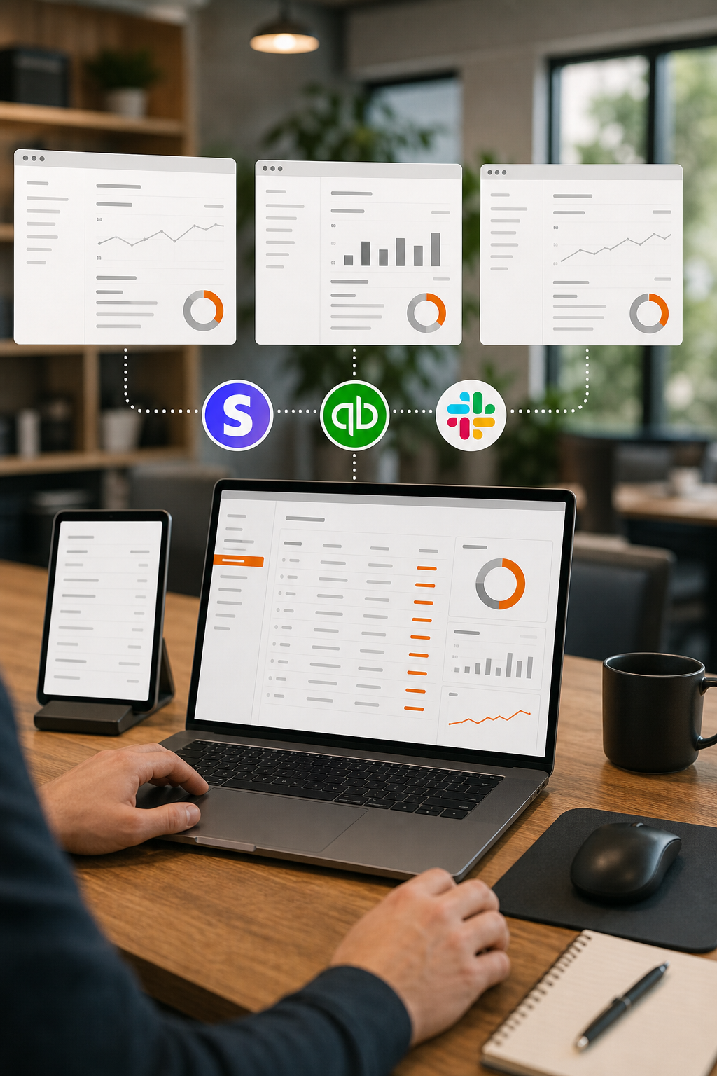 A realistic scene of multiple client dashboards linked to a single Donely billing view, showing integration icons for Stripe, QuickBooks, and Slack. Alt: scaling centralized billing with integrations in Donely