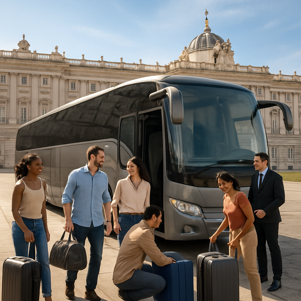 A sleek, modern coach parked beside the Royal Palace of Madrid, with a diverse group of smiling passengers loading luggage. Alt: 