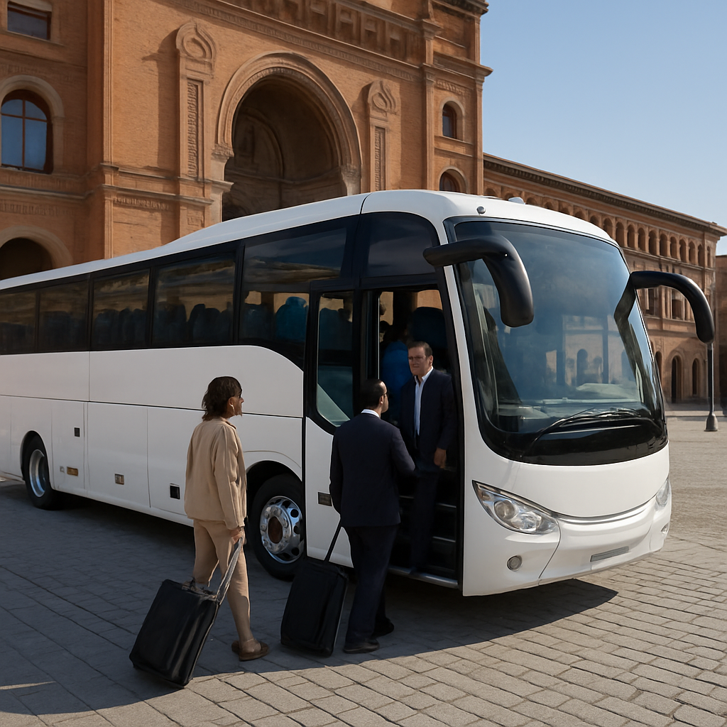 A modern 30‑seat coach parked at a historic Madrid venue with guests boarding, the driver opening the door, and luggage racks visible. Alt: alquiler de autobus con conductor madrid vehicle size and amenities