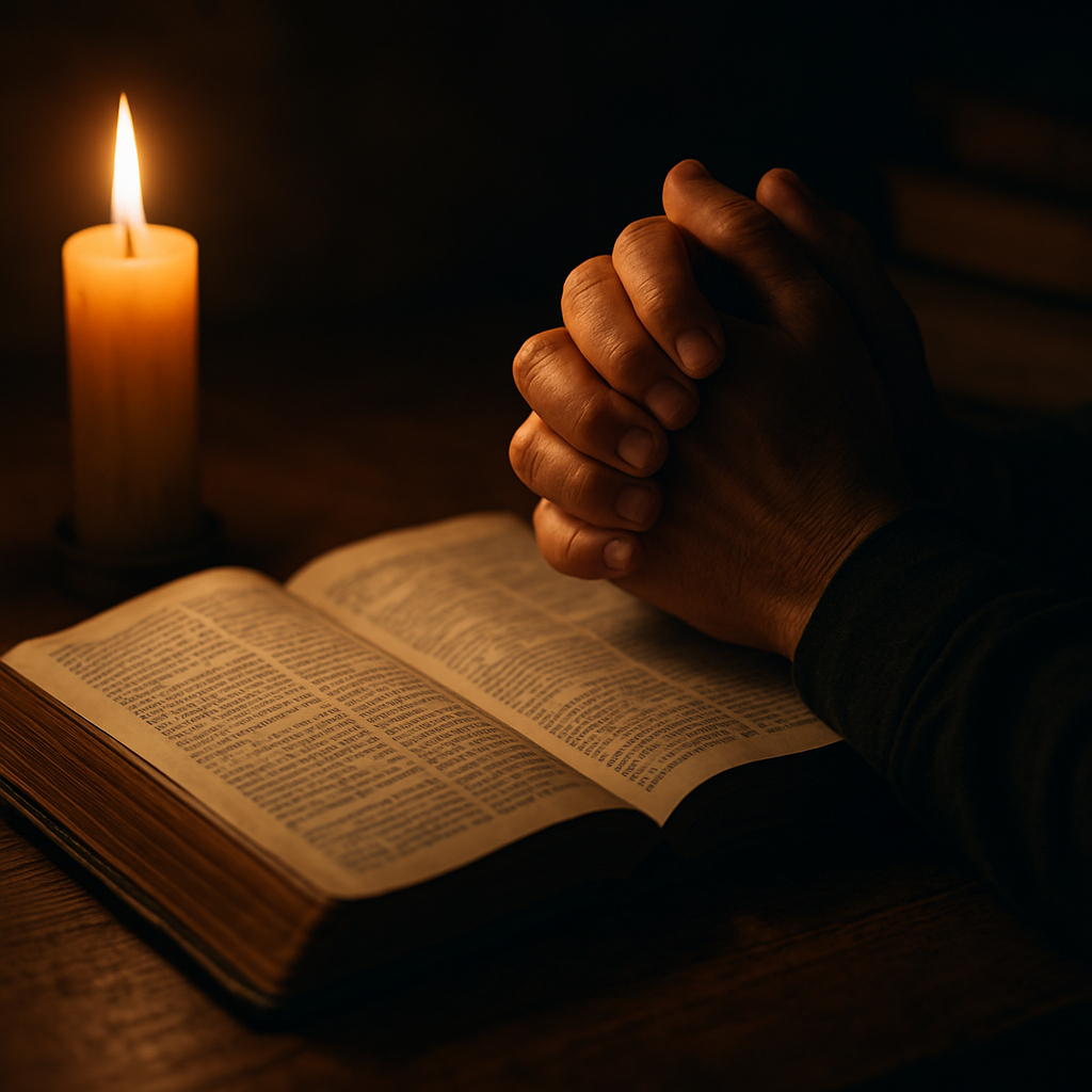 A contemplative scene of an open Bible on a wooden desk, a lit candle, and a person's hands folded in prayer, visually representing what it means to fear God in the Bible. Alt: Contemplative study of fearing God in the Bible.