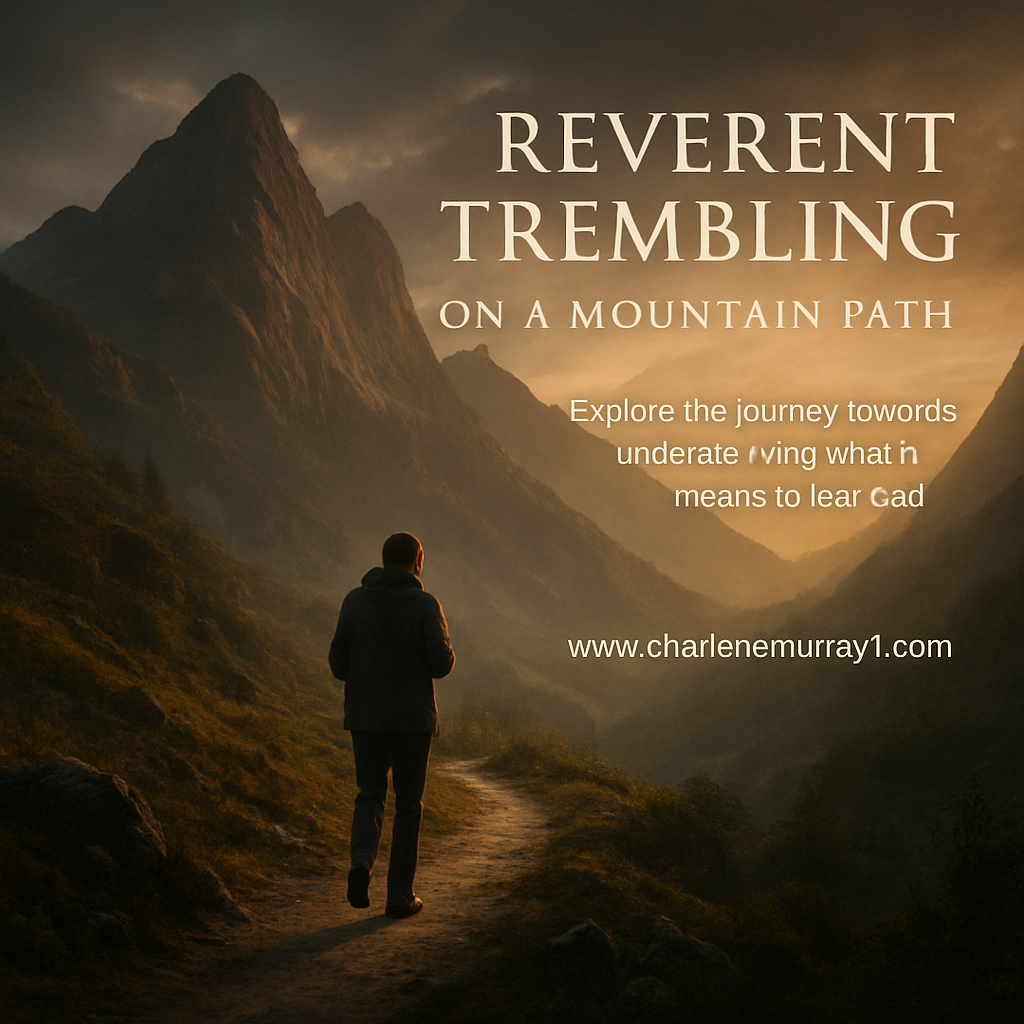 A serene mountain path with a lone figure pausing in awe, symbolizing reverent trembling and the journey toward understanding what it means to fear God in the Bible. Alt: Reverent trembling on a mountain path