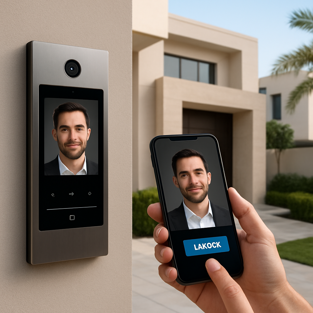 A sleek video intercom panel mounted beside a modern Dubai villa entrance, showing a clear facial image on the screen and a smartphone in the resident's hand displaying the unlock button. Alt: video intercom Dubai luxury home security integration