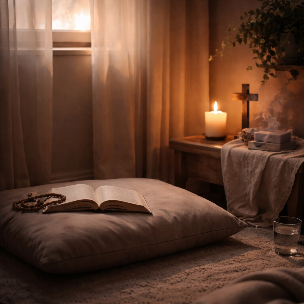 A cinematic, soft‑lit corner of a modest bedroom with a plush cushion on the floor, a small wooden cross on a nearby table, a lit candle casting gentle shadows, and a faint lavender aroma wafting from a decorative soap bar. The scene feels intimate, inviting, and perfectly set for guided Christian meditation. Alt: Quiet sacred space for guided Christian meditations.