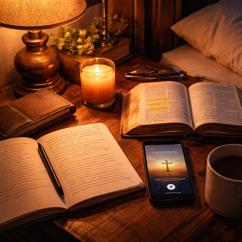 A cinematic scene of a cozy bedroom at dusk, soft lamplight spilling onto a wooden nightstand where an open journal lies beside a glowing candle, a phone displaying a paused guided Christian meditation app, and a Bible opened to a highlighted verse, evoking a peaceful moment of reflection and gratitude. Alt: Guided Christian meditations reflection journal moment.
