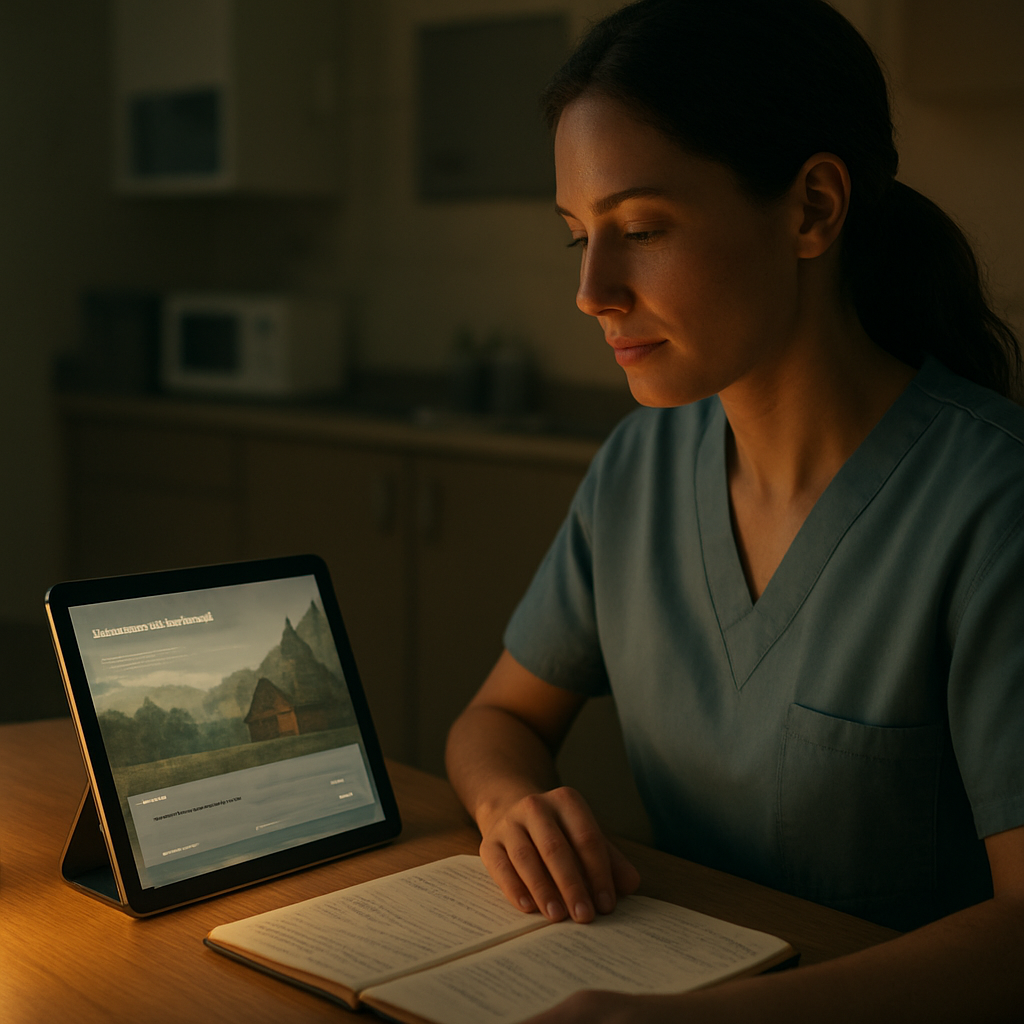 A cinematic, photorealistic scene of a clinician in a hospital break room, seated at a small desk with a tablet open to a wellness tracking app, a soft amber lamp casting gentle light, a notebook beside the tablet showing handwritten entries of guided imagery sessions; the clinician looks focused yet relaxed, a faint outline of a peaceful mountain cabin appears as a subtle overlay on the tablet screen. Alt: Healthcare professional tracking guided imagery progress in a calm break space.