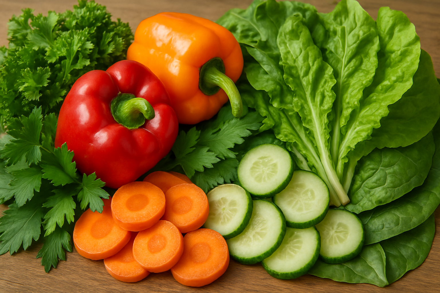 A colorful assortment of fresh guinea pig treats including peppers, carrots, and leafy greens. Alt: Nutritious fresh guinea pig treats for a balanced diet.