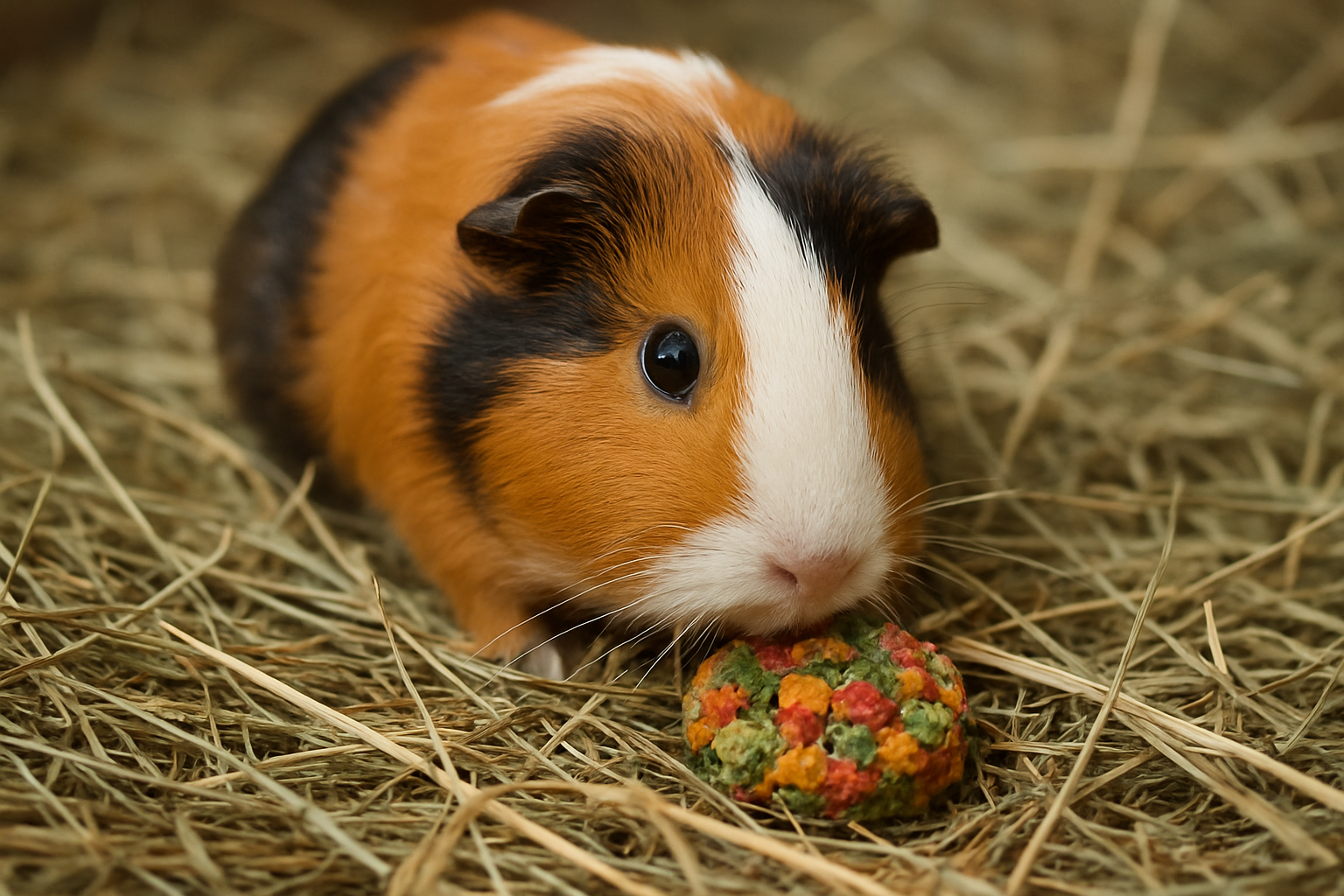 Cute guinea pig sniffing a colorful vegetable treat hidden under hay. Alt: Guinea pig engaging in natural foraging with healthy guinea pig treats.