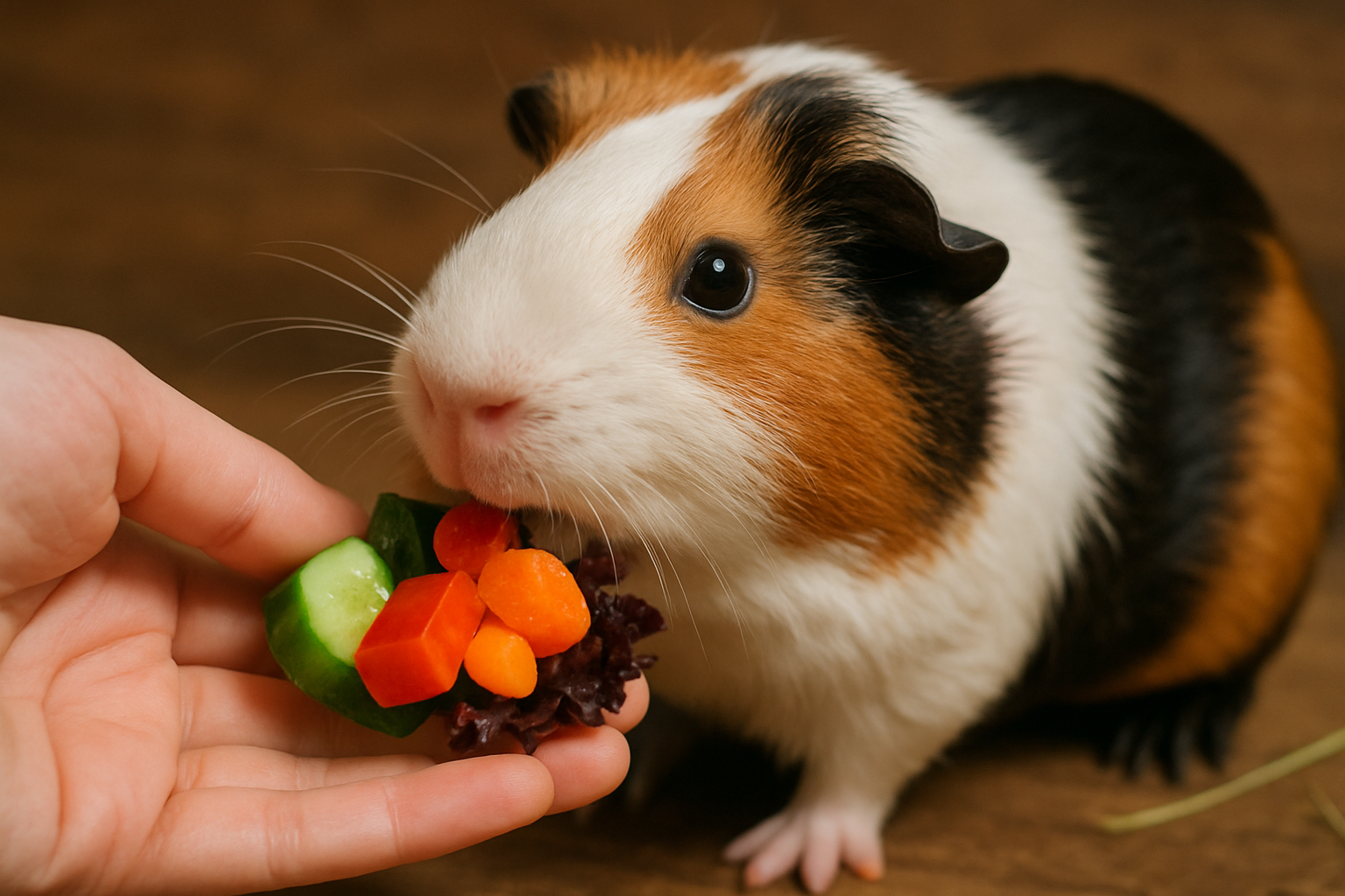 Guinea pig enjoying a colorful fresh vegetable treat from its owner’s hand. Alt: Hand-fed healthy guinea pig treat bonding moment.