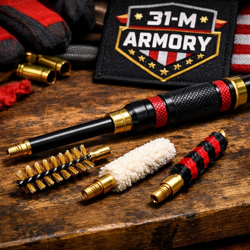 A realistic close‑up of a gun cleaning rod with interchangeable brush heads, lying on a wooden workbench. Alt: gun cleaning rod interchangeable brushes