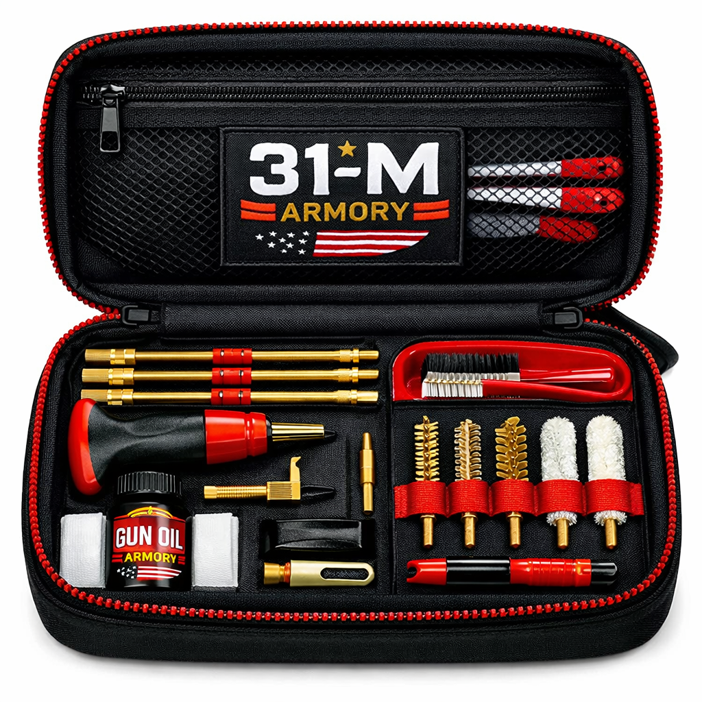 A realistic illustration of a compact zippered gun cleaning case opened to show organized tools inside. Alt: compact gun cleaning case with tools