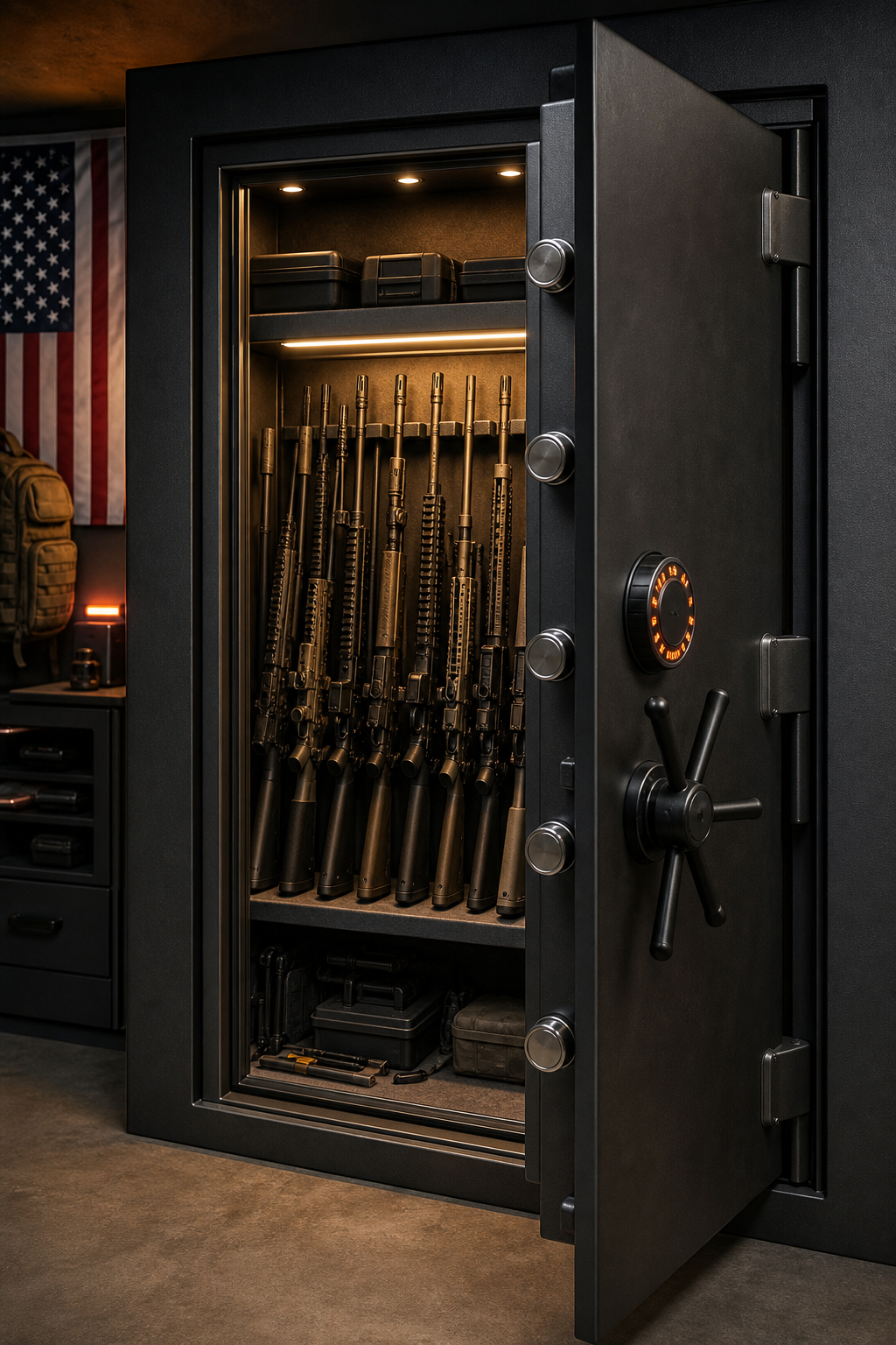 A photorealistic interior of a well-organized home armory wall with rifles racked behind a heavy steel door, warm lighting, orange accent on the lock dial. Alt: veteran-owned gun safe storage options at every price point.
