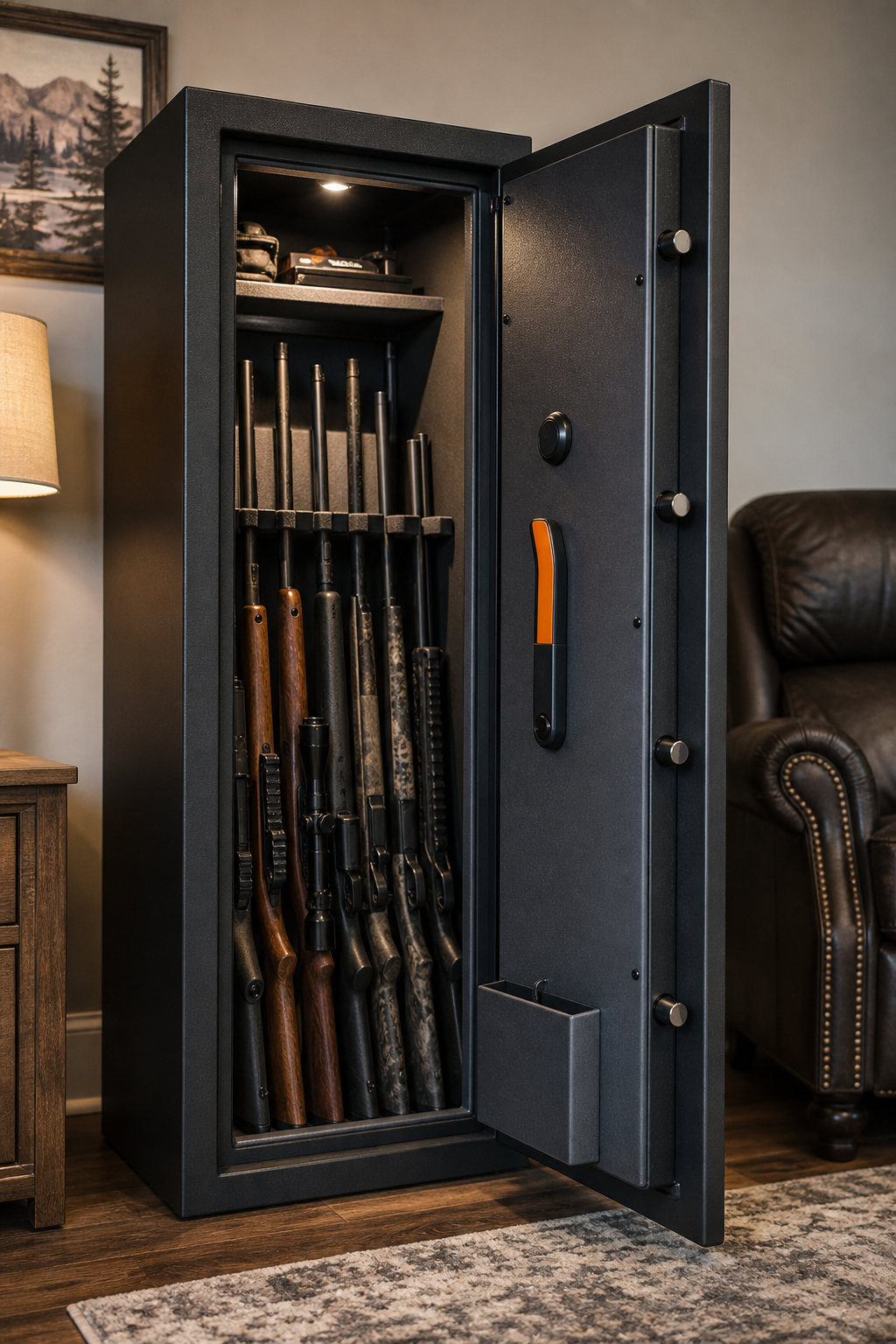 A photorealistic mid-size steel rifle safe standing open in a home den, several long guns racked inside, an interior light glowing, orange accent stripe on the handle. Alt: mid-range rifle safe holding multiple long guns at moderate gun safe price.