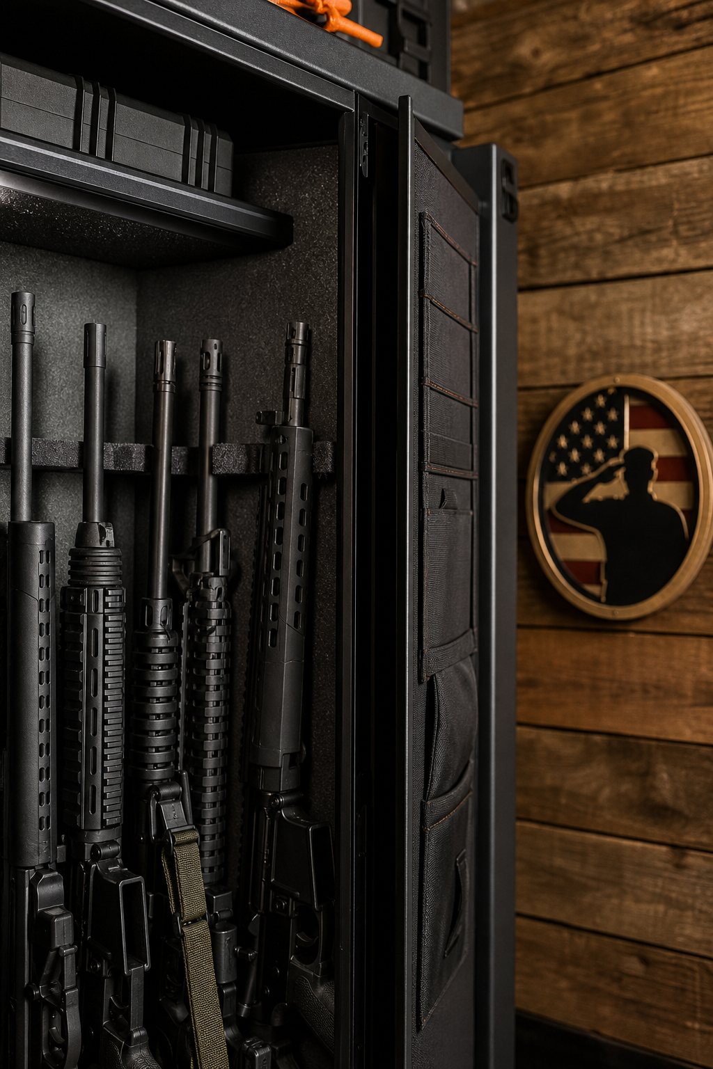 A photorealistic scene inside a well-organized gun room showing a variety of secured long gun and handgun safes mounted against a wooden wall, warm amber lighting, American flag in background, no text or phone numbers visible. Alt: best gun safe selection at veteran-owned firearm retailer.