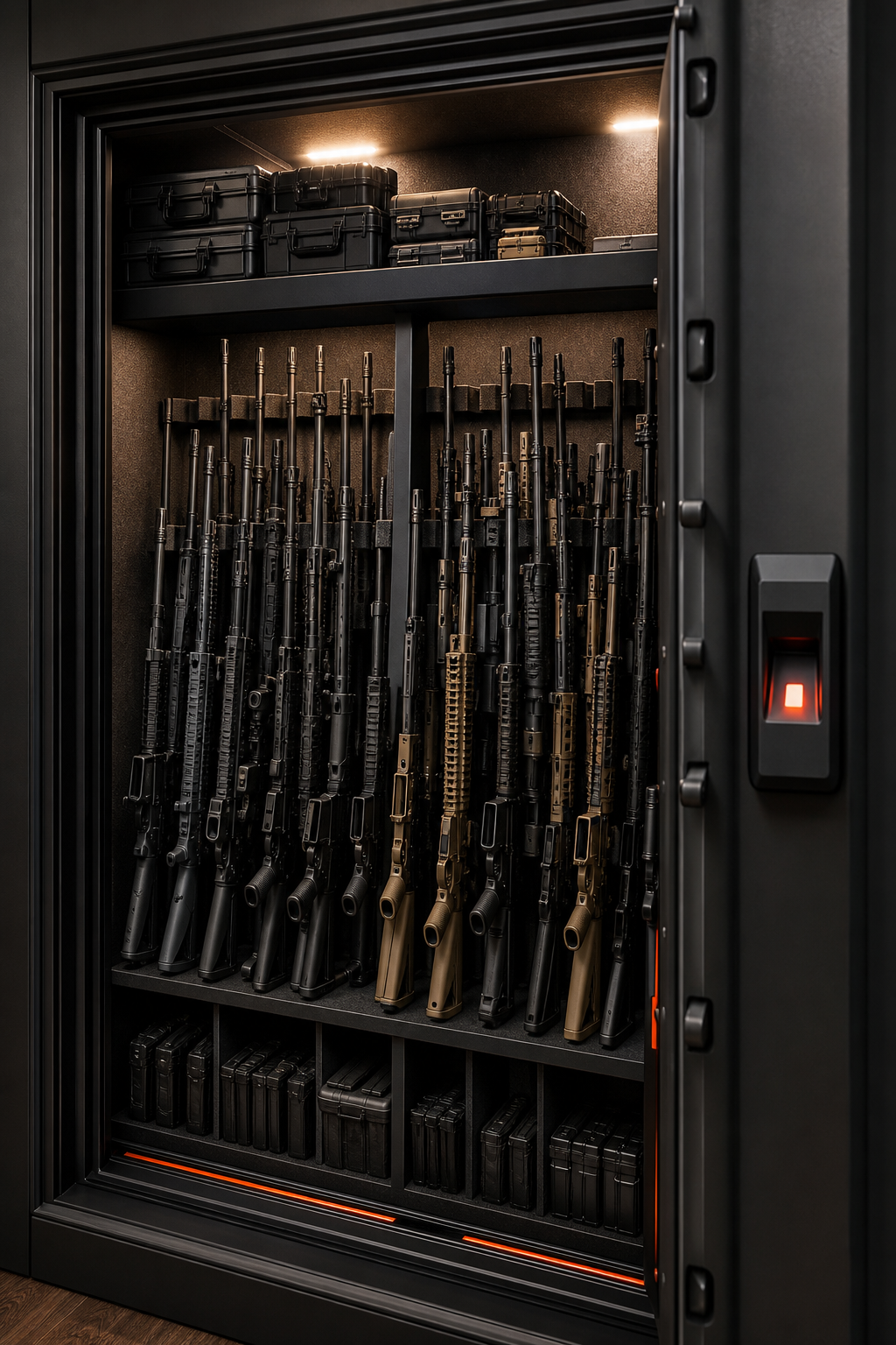 A realistic lifestyle photo of a modern compact gun safe on a wooden nightstand, glowing blue LED indicator, smartphone nearby showing a monitoring app, dim bedroom lighting with no visible phone numbers. Alt: smart biometric handgun safe with smartphone monitoring app.
