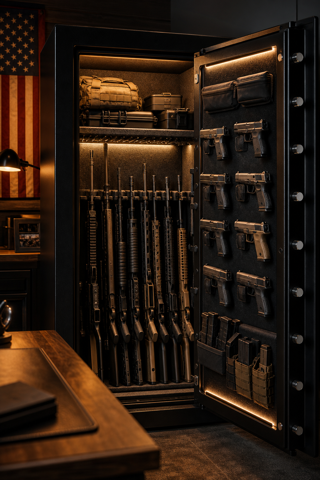 A well-organized gun safe interior with rifles on rifle rods, handguns on hangers, and LED lighting illuminating the space in a home office setting. Alt: veteran-curated gun safe storage setup at 31 M Armory.