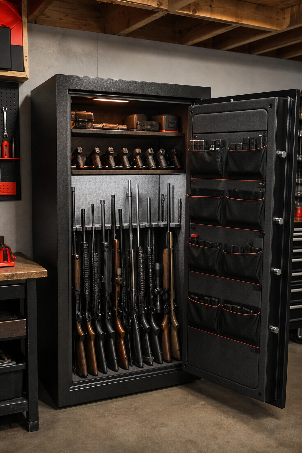 A large steel full-size gun safe with the door open, showing organized rifles, shotguns, and handguns on interior shelves in a garage setting. Alt: full-size gun safe with long guns and handguns stored securely.