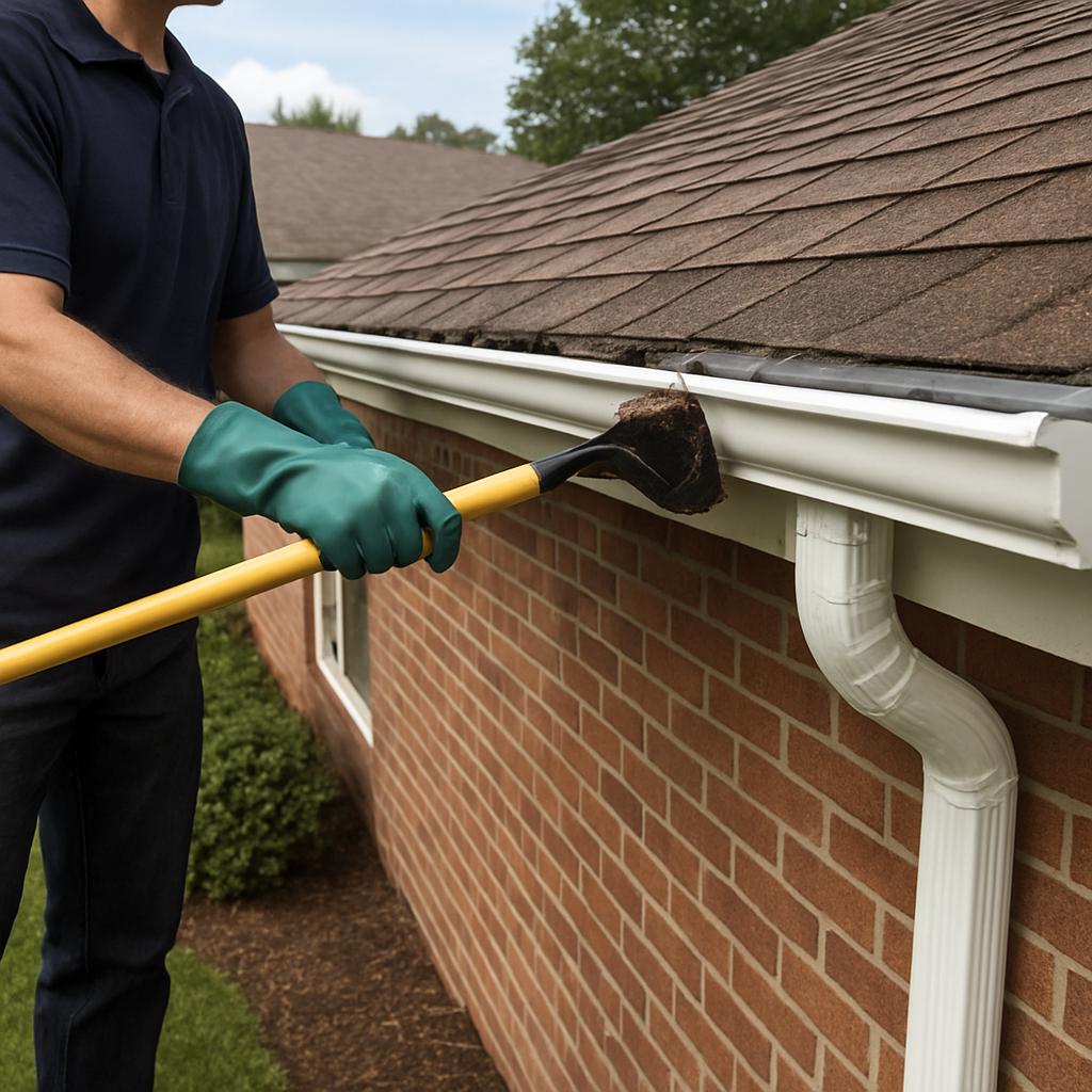 A descriptive prompt for an AI image generator, related to the surrounding text. Alt: Gutter cleaning in Newport News VA, home with clean gutters, downspout directing water away from foundation.