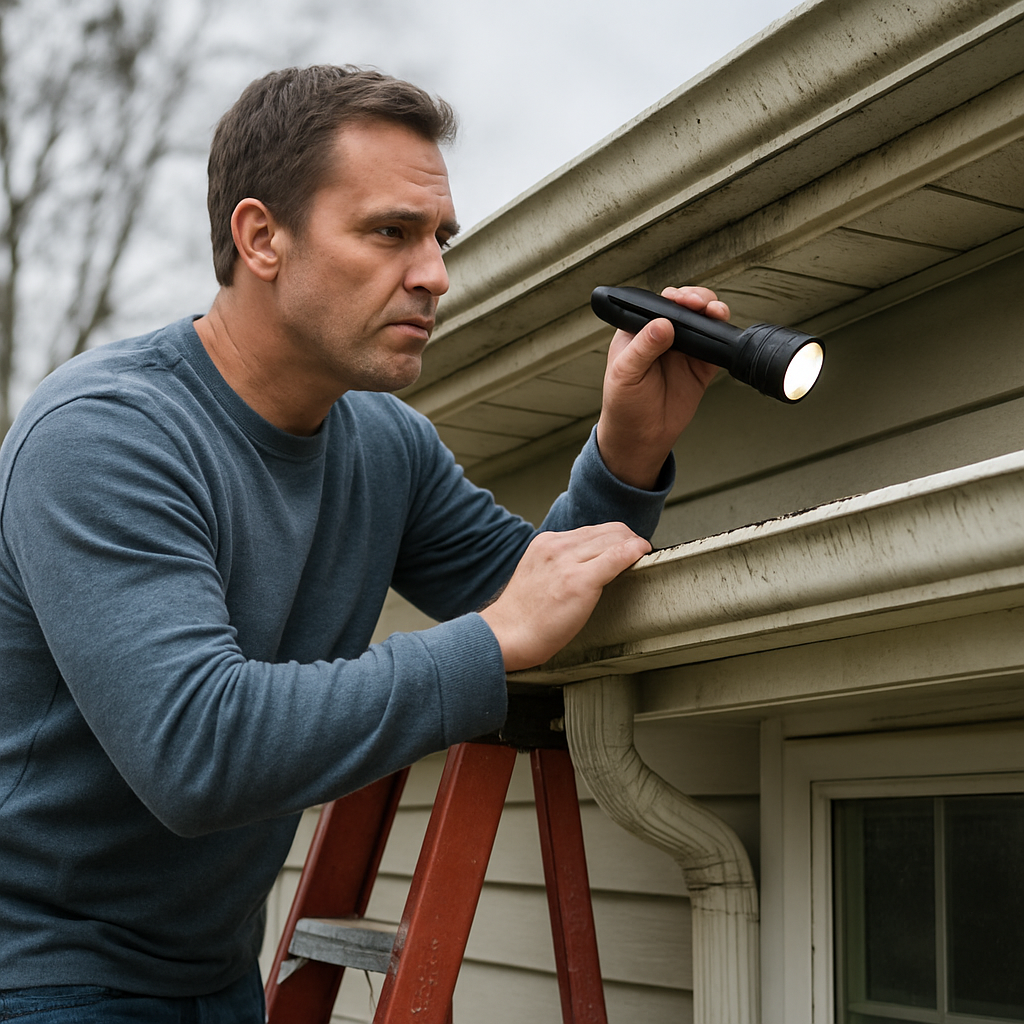 A homeowner standing on a ladder, inspecting a gutter with a handheld flashlight. Alt: Inspecting gutters for clogs and damage in Norfolk, VA homes.