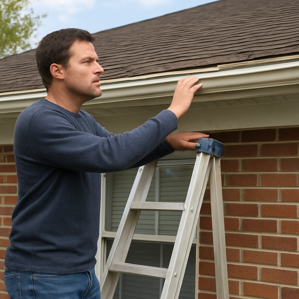 A homeowner standing on a ladder, examining a sagging gutter on a typical Suffolk, VA home. Alt: Assessing gutter system for cleaning in Suffolk VA