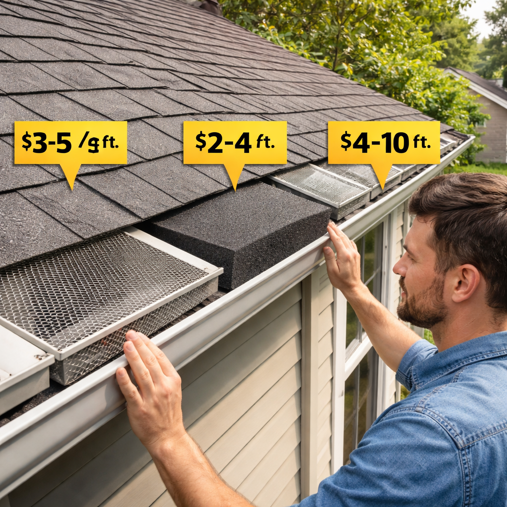 A photorealistic scene of a homeowner comparing three gutter guard types—mesh screen, foam panel, and metal guard—installed on a house roof, with price tags displayed next to each, realistic lighting, realistic style.