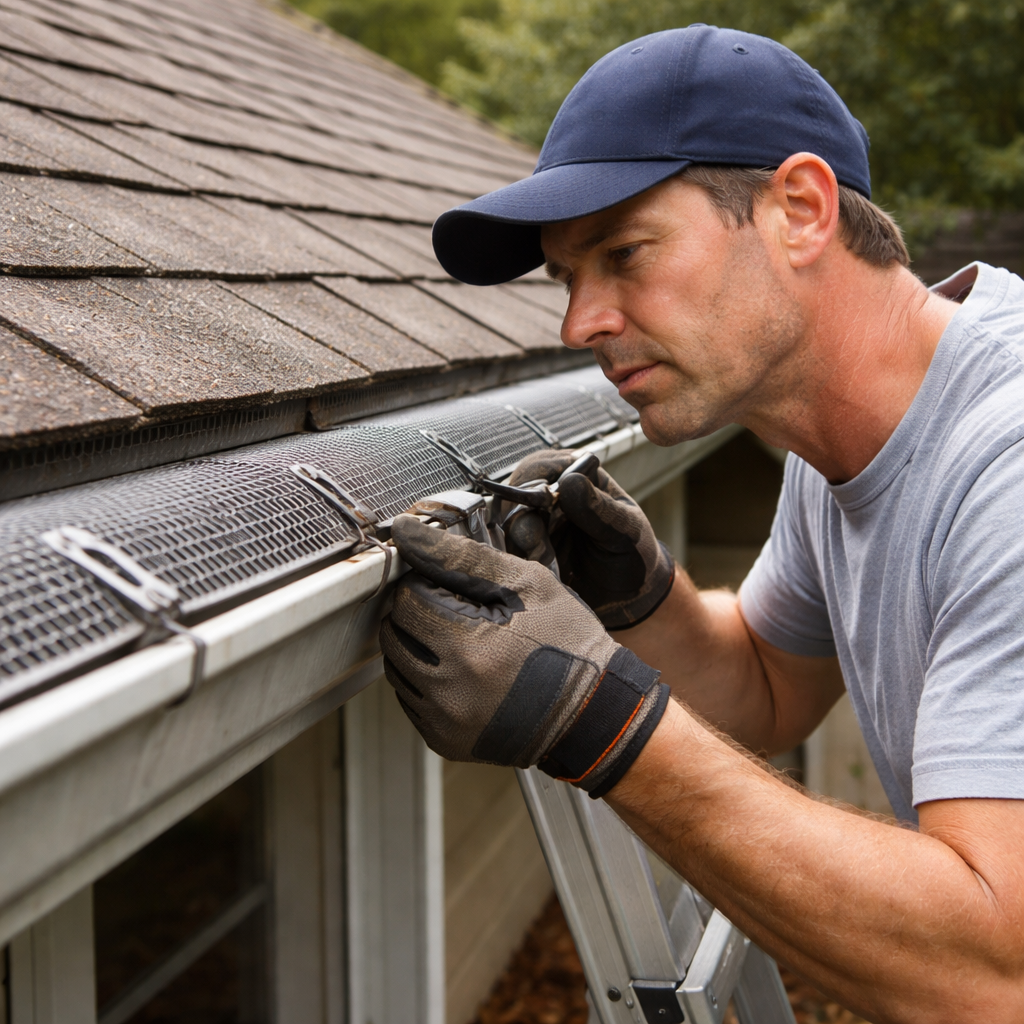 A realistic photo of a homeowner inspecting gutter guard brackets on a roof, checking for rust and wear. Alt: gutter guard maintenance and hidden expenses