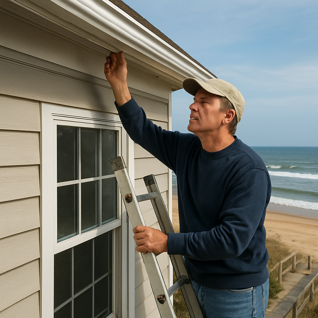 A homeowner on a ladder checking gutter seams on a coastal Virginia Beach home. Alt: Assessing gutter damage Virginia Beach home exterior