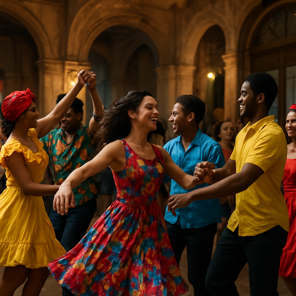 A vibrant Cuban salsa rueda dancing in a historic Havana casino, dancers in colorful attire, lively atmosphere. Alt: rueda de salsa cubana en La Habana histórica