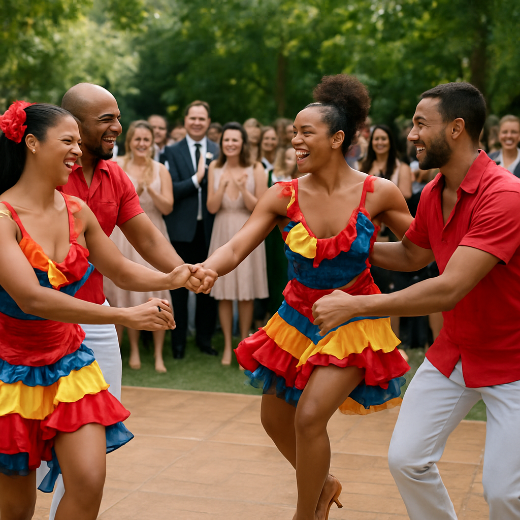 A lively Cuban salsa rueda performance at an outdoor wedding, dancers smiling, vibrant colors, audience clapping. Alt: bailarines de salsa cubana profesionales en evento.