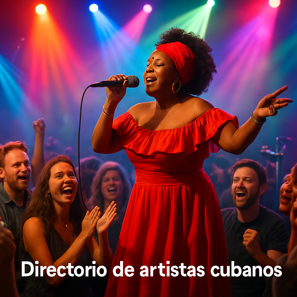 A vibrant concert scene with a Cuban female singer on stage, colorful lights, and an enthusiastic European audience. Alt: cantantes cubanas en concierto en Europa