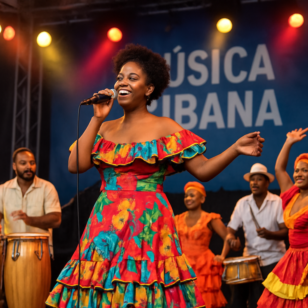 A vibrant stage at a European event with a Cuban female singer in a colorful dress, microphone in hand, surrounded by percussionists and dancers. Alt: cantante cubana profesional en vivo en evento europeo
