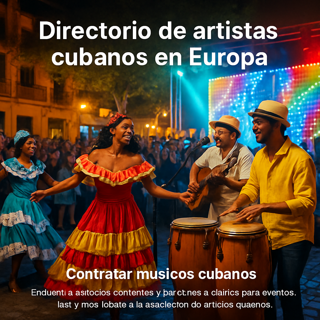 A vibrant street festival in Barcelona with Cuban musicians playing, dancers in traditional costumes, and colorful LED lighting highlighting the stage. Alt: Festival cubano en Barcelona con música en vivo y luces LED