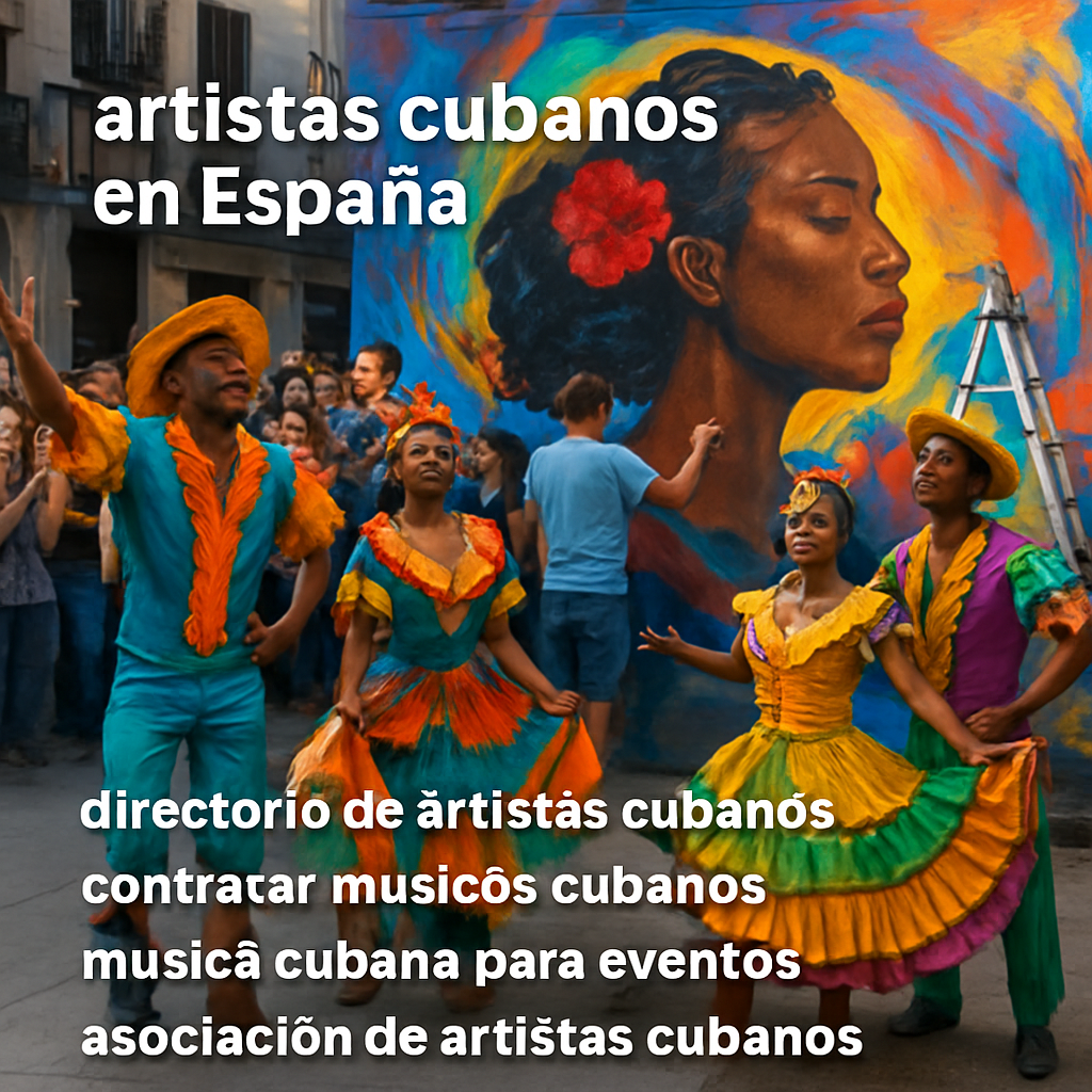A vibrant street performance in Madrid with Cuban dancers in colorful costumes, a live mural being painted in the background, and an enthusiastic audience. Alt: bailarines cubanos y artistas visuales en España, cultura cubana en eventos.