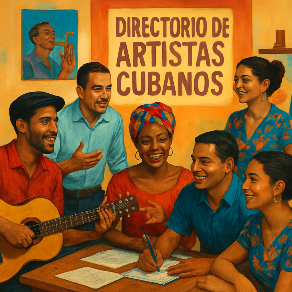A vibrant collage showing Cuban artists—musicians, dancers, and visual creators—gathered at a networking workshop, sharing ideas and smiling. Alt: artistas cubanos en taller de networking de la asociación, cultura cubana, comunidad profesional.